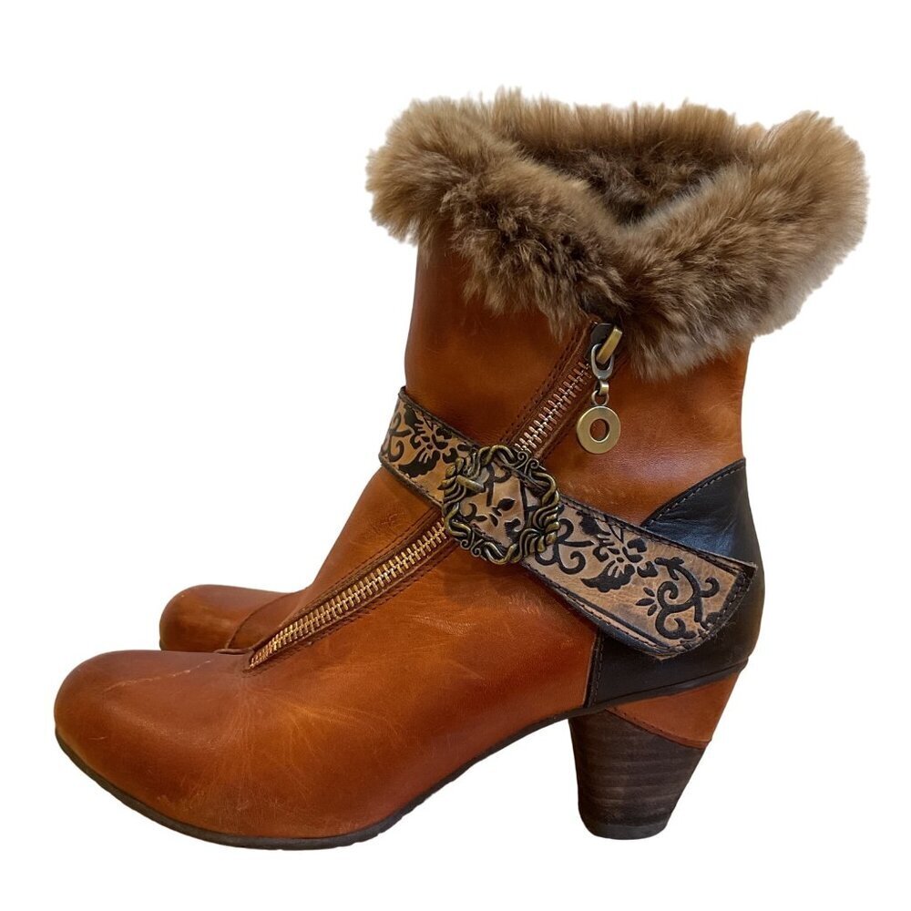 Gorgeous Finesse Fur-collar Leather Ankle Boots Size 37 cognac maroon brown heel